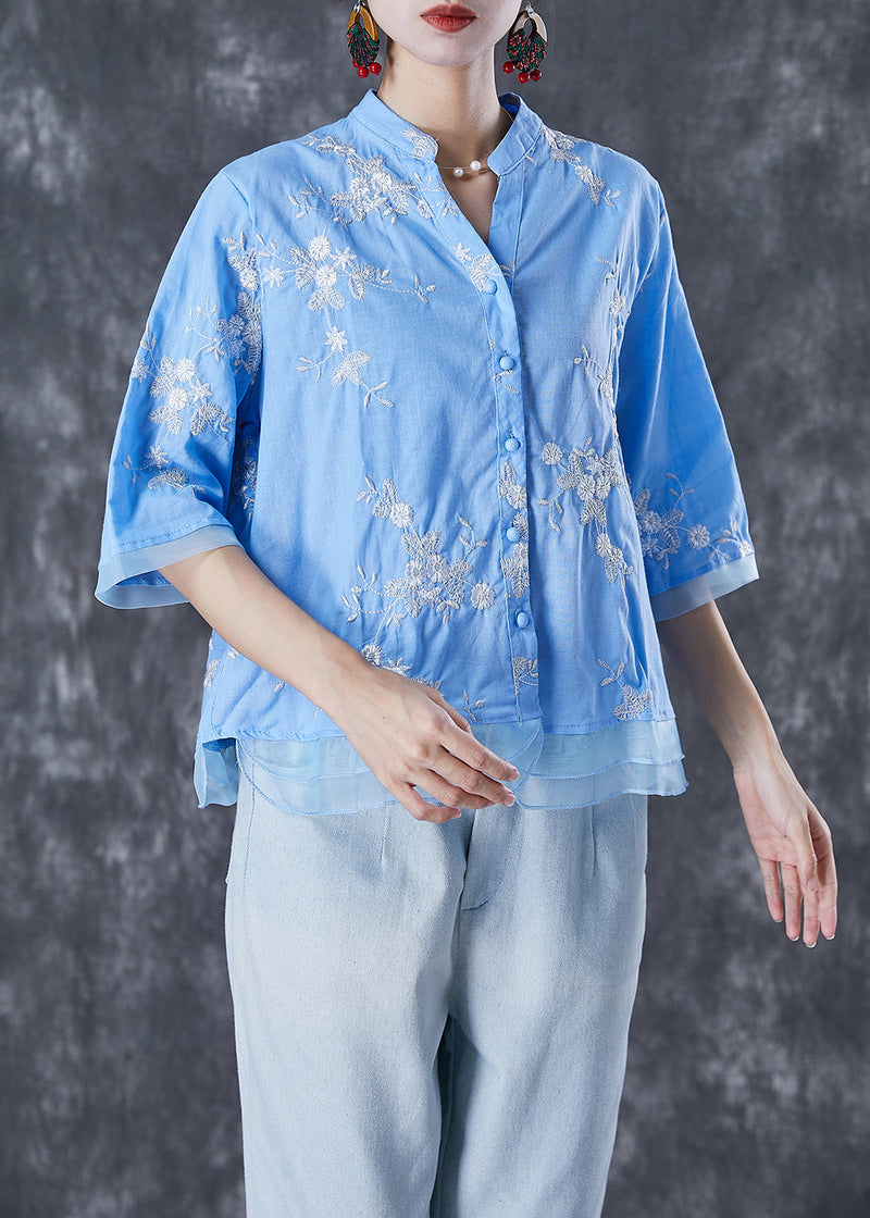 Blue Embroidered Patchwork Linen Blouse Tops Summer