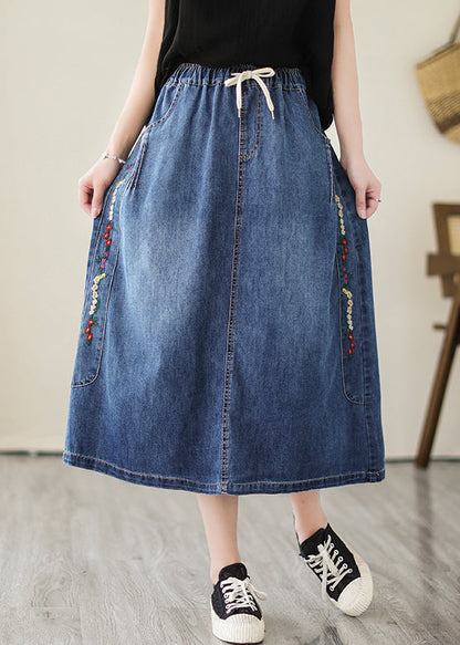 Blue Embroideried Pockets Denim Skirts Summer