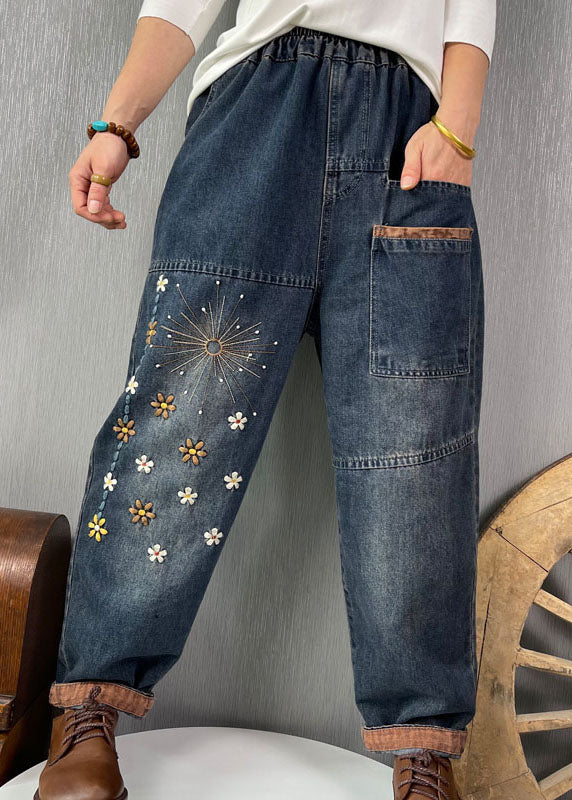 Blue Embroideried Pockets Denim Pants Spring