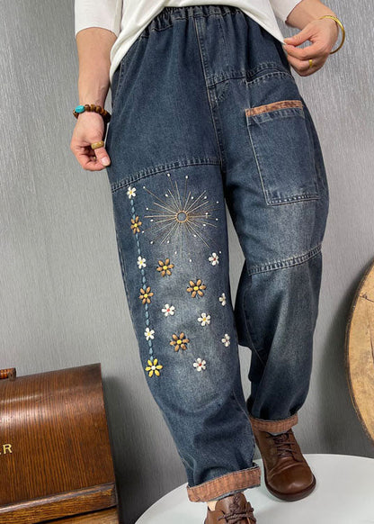 Blue Embroideried Pockets Denim Pants Spring