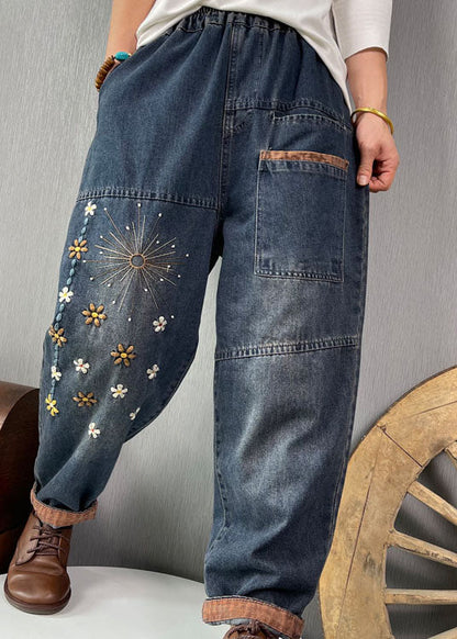 Blue Embroideried Pockets Denim Pants Spring