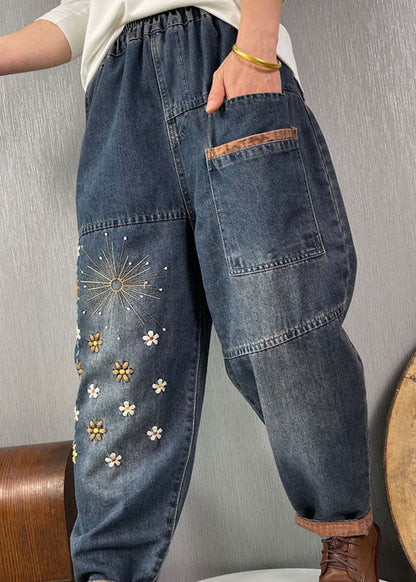 Blue Embroideried Pockets Denim Pants Spring