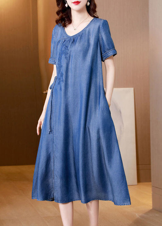 Blue Embroideried Side Open Denim Dress Summer