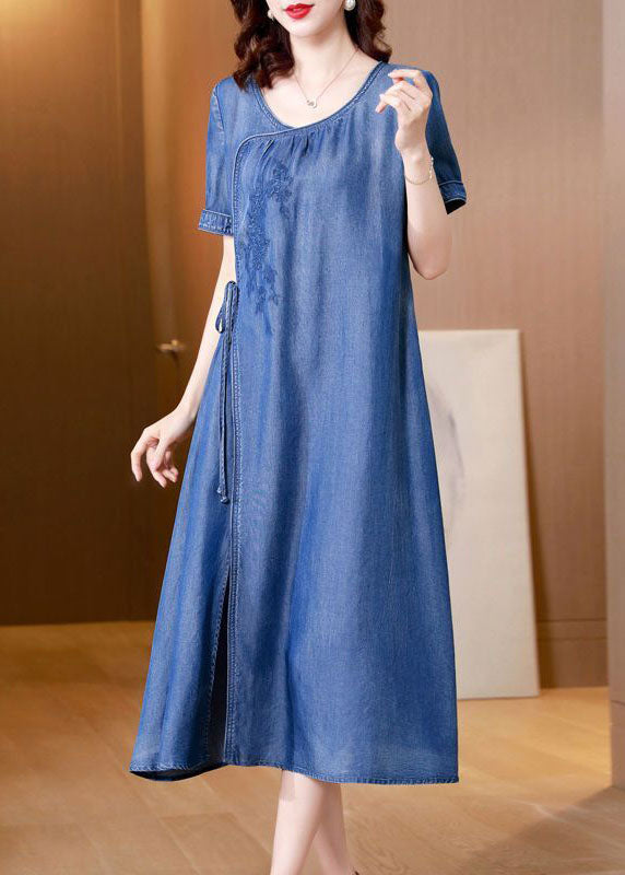Blue Embroideried Side Open Denim Dress Summer