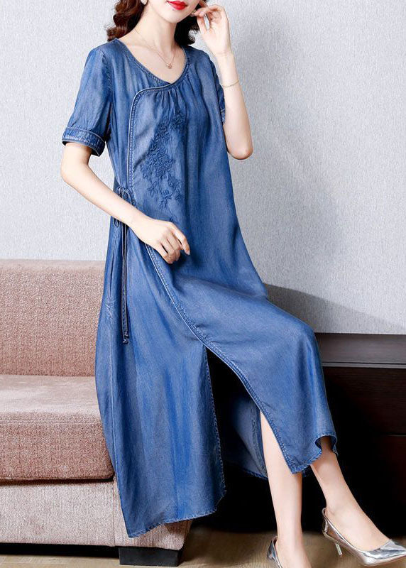 Blue Embroideried Side Open Denim Dress Summer