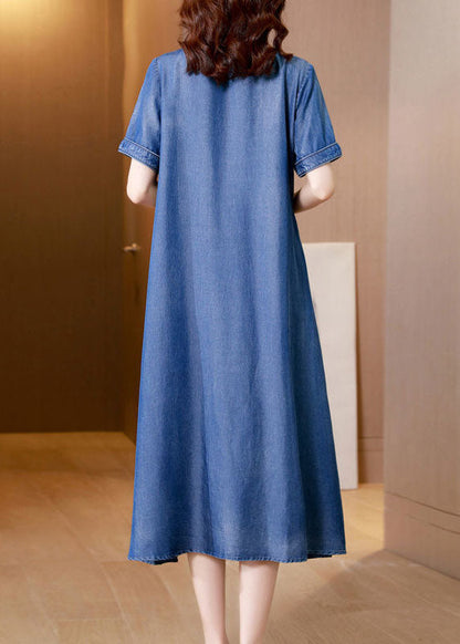 Blue Embroideried Side Open Denim Dress Summer