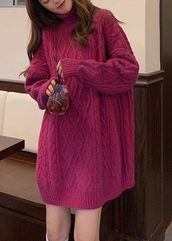 Blue Hign Neck Patchwork Cable Knit Sweater Dress Winter