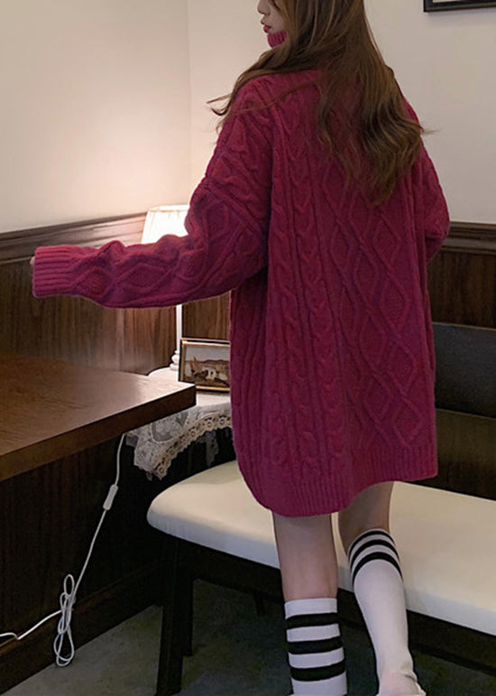 Blue Hign Neck Patchwork Cable Knit Sweater Dress Winter