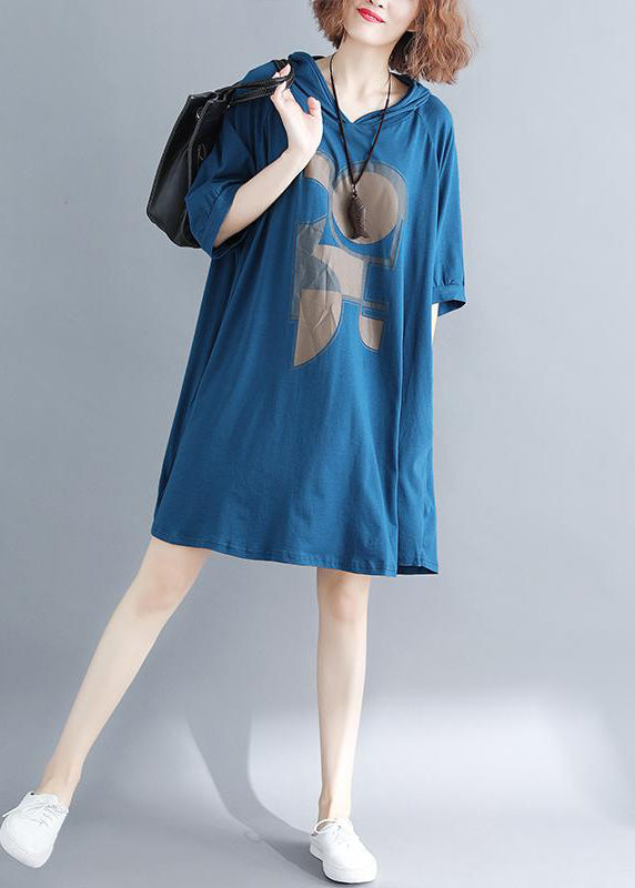 Blue Hooded Print Cotton Sweatshirt Dress Summer
