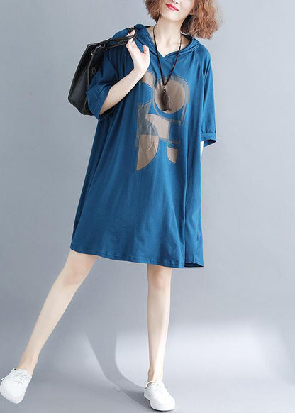 Blue Hooded Print Cotton Sweatshirt Dress Summer