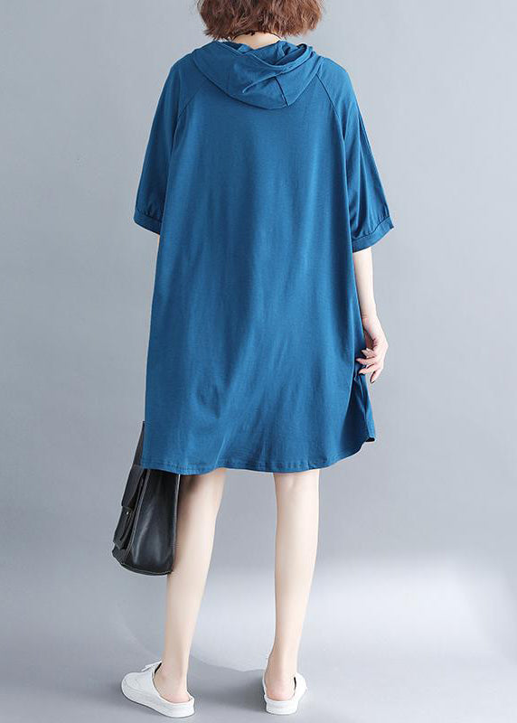 Blue Hooded Print Cotton Sweatshirt Dress Summer