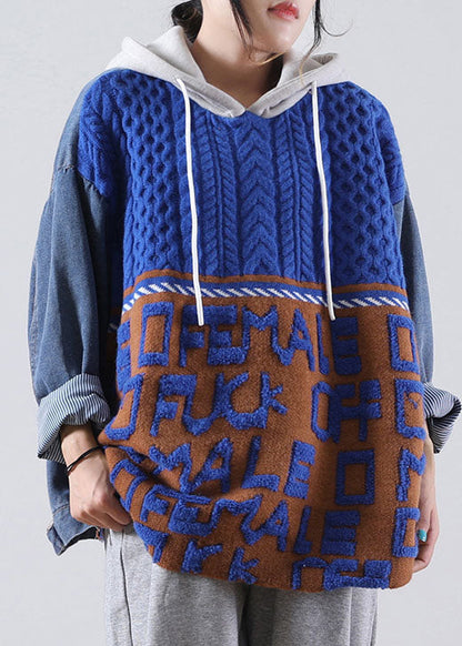 Blue Hooded Drawstring Denim Patchwork Sweater Winter
