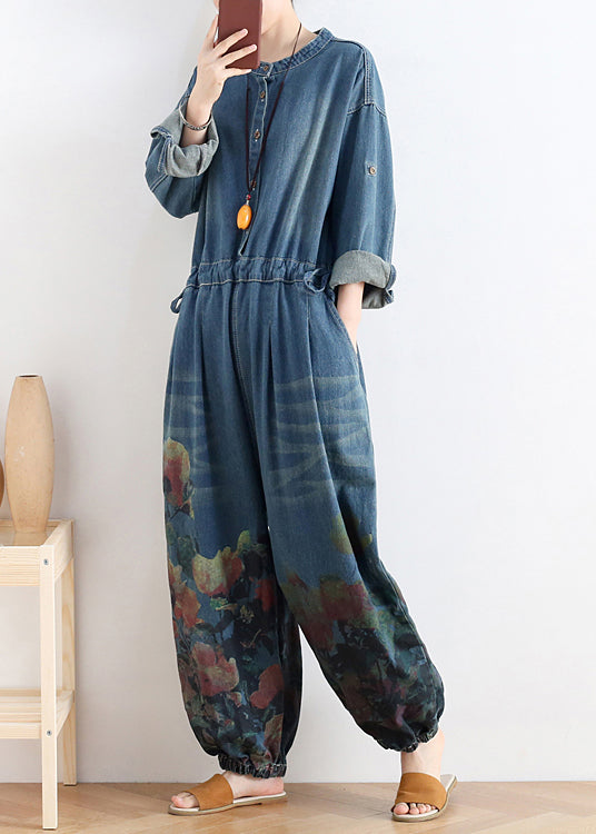 Blue O-neck Button Cotton Denim Jumpsuit Long Sleeve