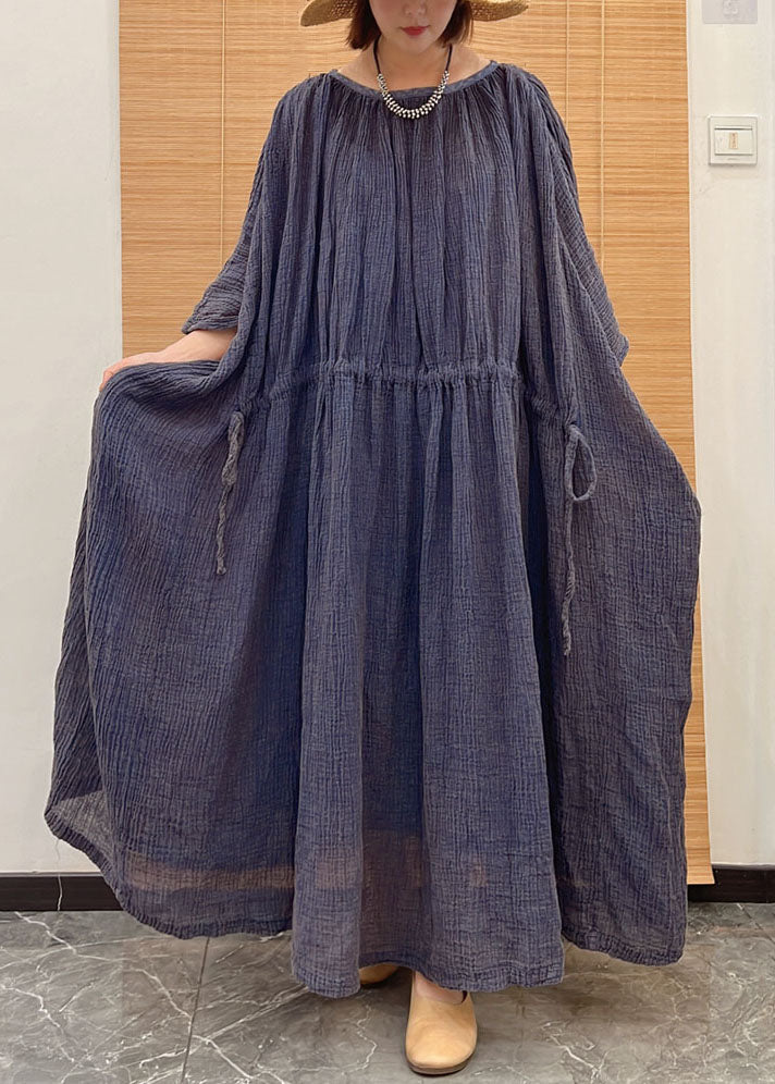 Blue O Neck Drawstring Patchwork Linen Long Dresses Summer