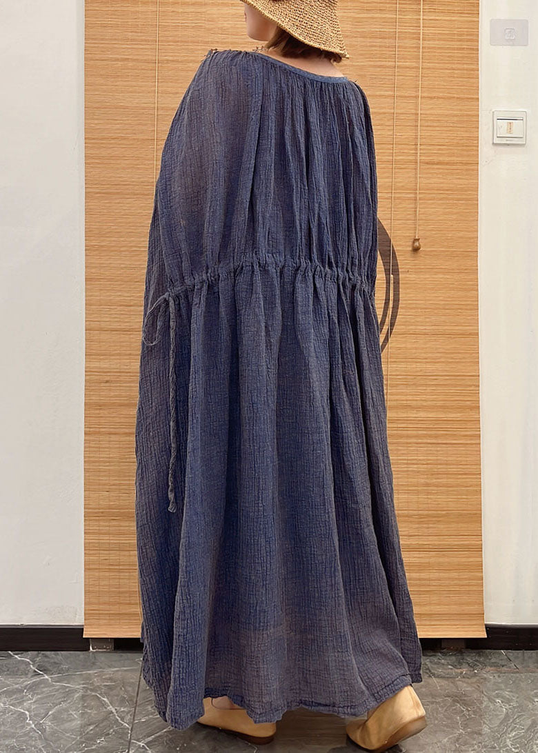 Blue O Neck Drawstring Patchwork Linen Long Dresses Summer