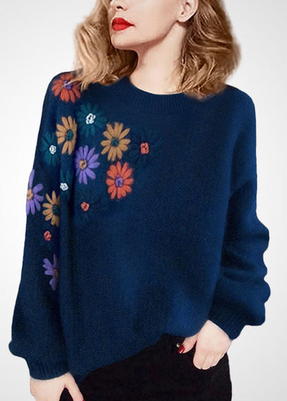 Blue O-neck Embroideried Wool Sweaters Winter