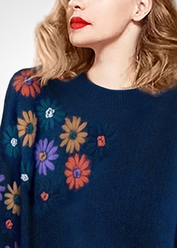 Blue O-neck Embroideried Wool Sweaters Winter