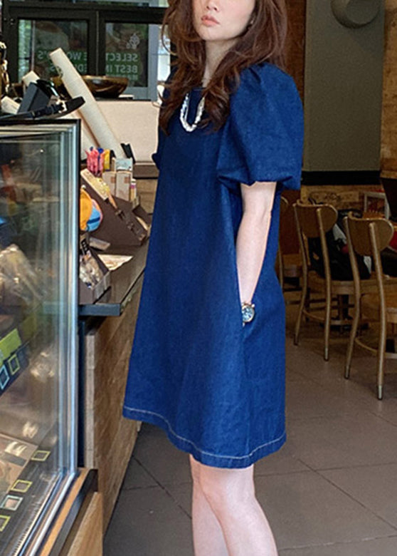 Blue O-neck Patchwork Cozy Mid Denim Dresses Short Sleeve