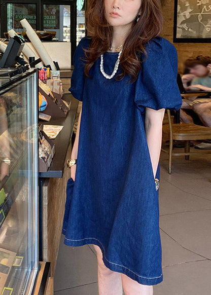 Blue O-neck Patchwork Cozy Mid Denim Dresses Short Sleeve
