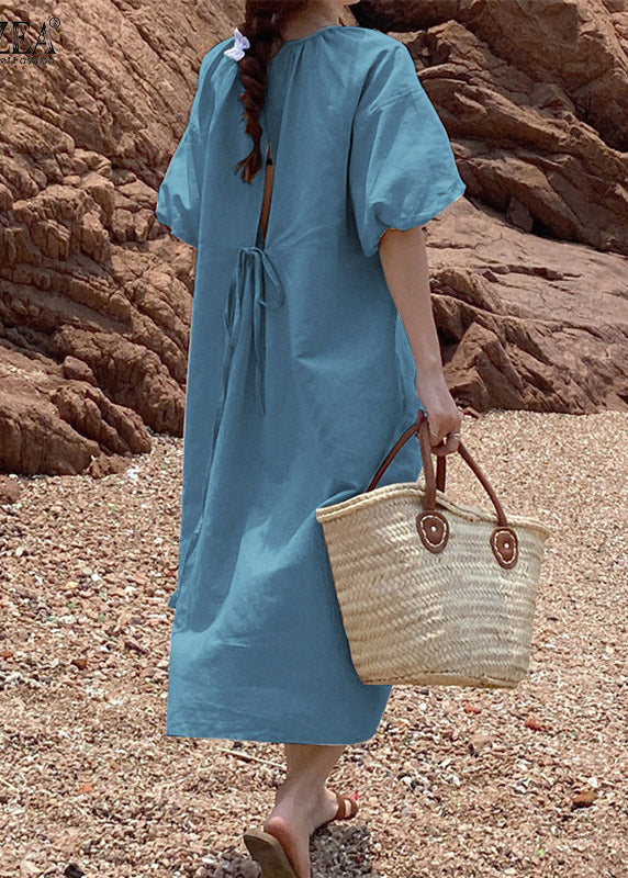 Blue O-neck Patchwork Tie Waist Long Dress Short Sleeve