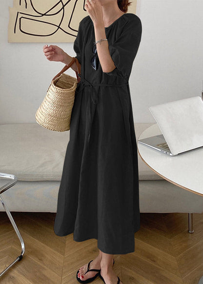 Blue O-neck Patchwork Tie Waist Long Dress Short Sleeve