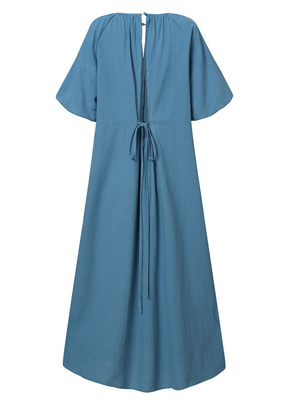 Blue O-neck Patchwork Tie Waist Long Dress Short Sleeve