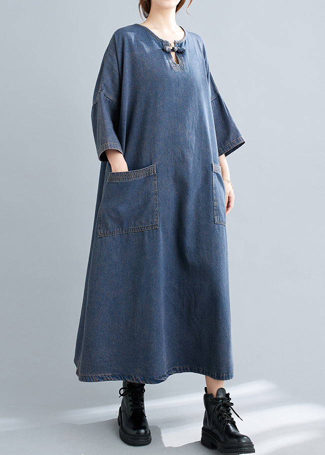 Blue O Neck Pockets Patchwork Denim Long Dresses Fall