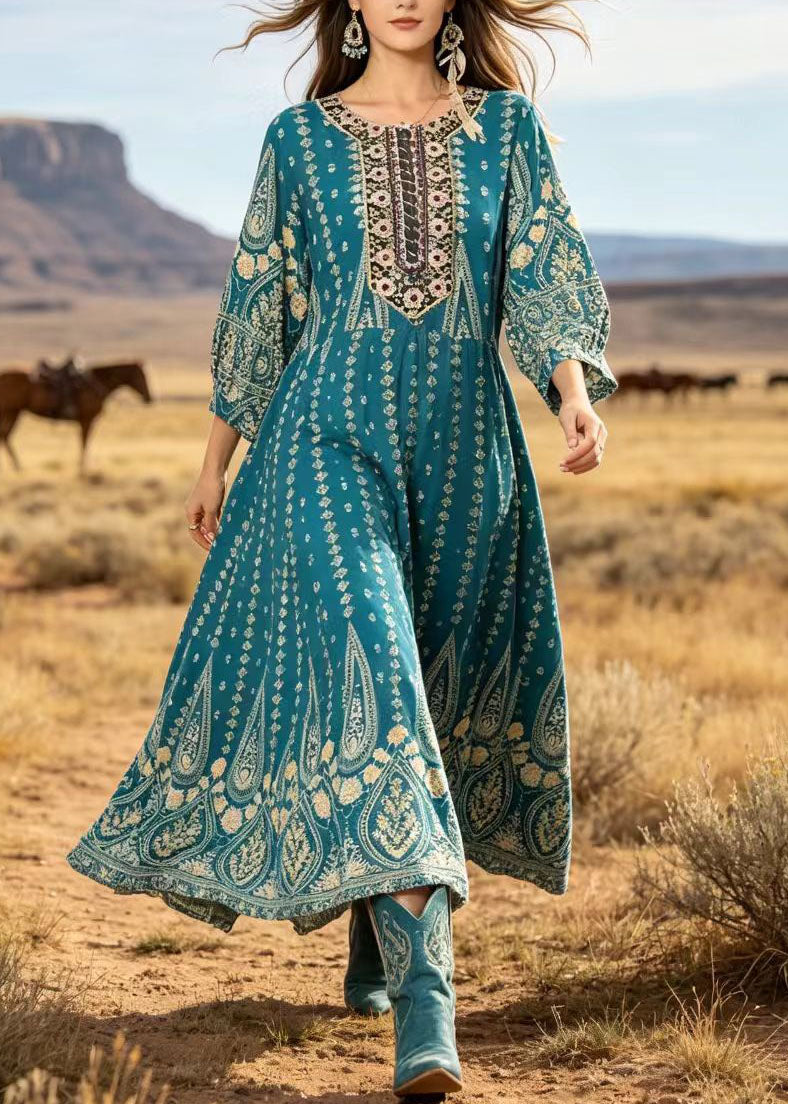 Blue O Neck Print Cotton Ankle Dress Summer