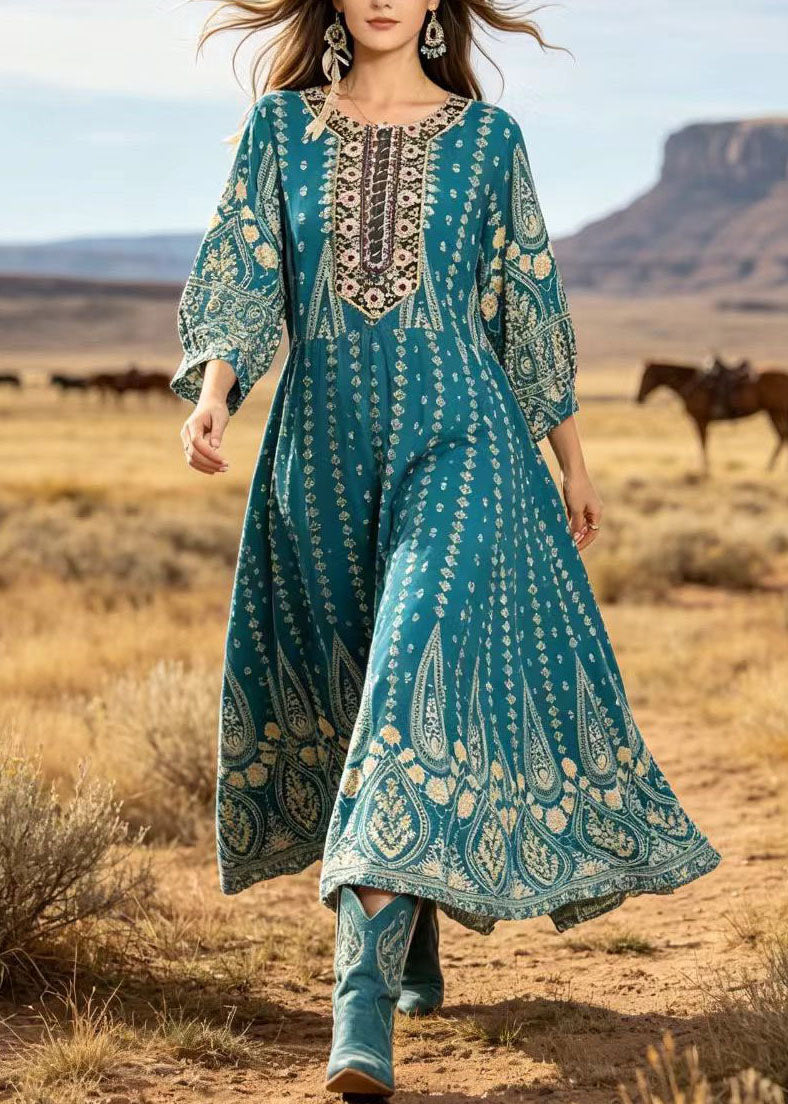 Blue O Neck Print Cotton Ankle Dress Summer