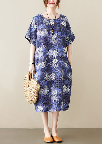 Blue O-neck Print Cotton Holiday Dress Short Sleeve