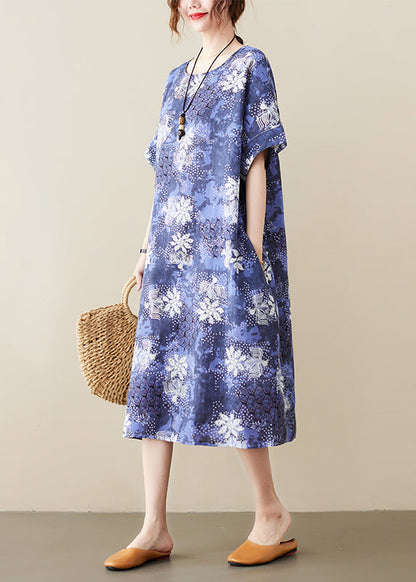 Blue O-neck Print Cotton Holiday Dress Short Sleeve
