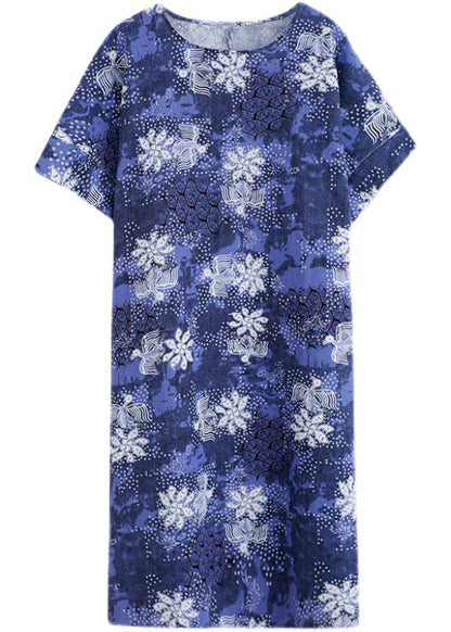 Blue O-neck Print Cotton Holiday Dress Short Sleeve