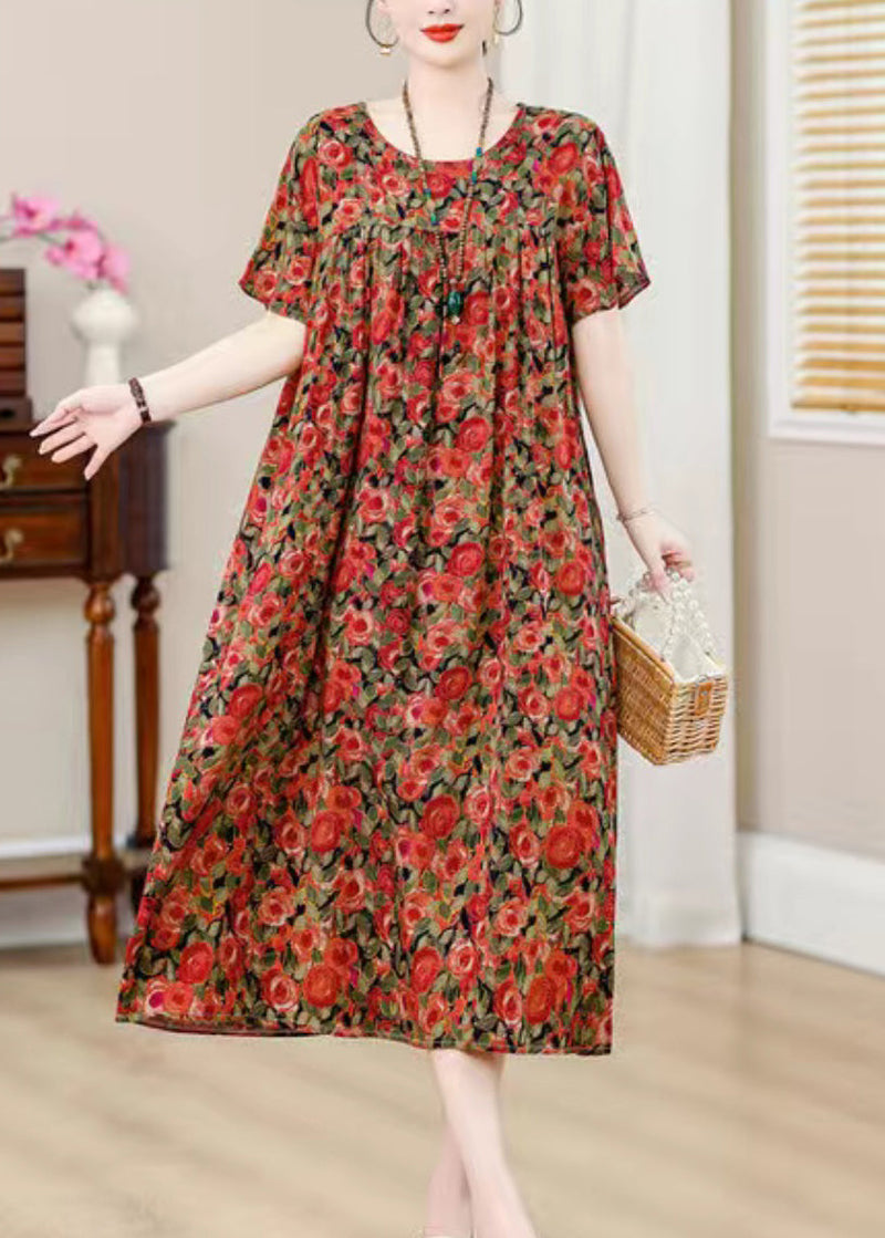 Blue O-neck Print Holiday Long Dress Short Sleeve