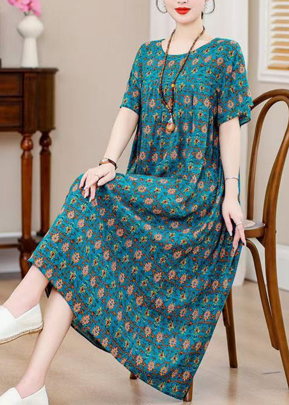 Blue O-neck Print Holiday Long Dress Short Sleeve