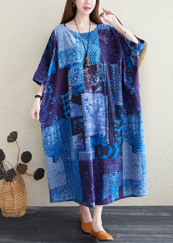Blue O Neck Print Pockets Cotton Long Dress Summer