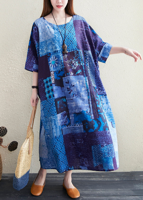 Blue O Neck Print Pockets Cotton Long Dress Summer