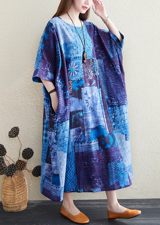 Blue O Neck Print Pockets Cotton Long Dress Summer