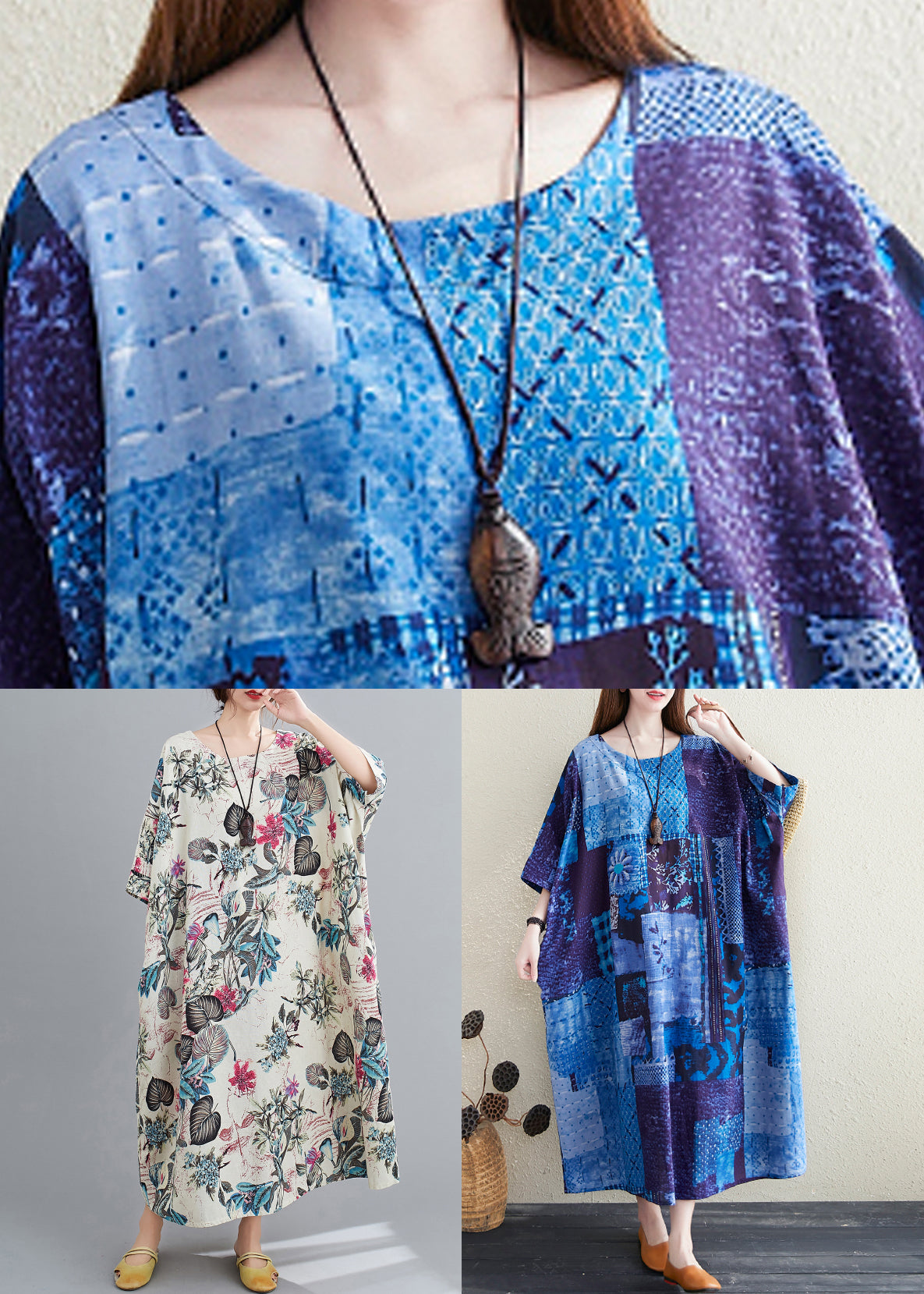 Blue O Neck Print Pockets Cotton Long Dress Summer