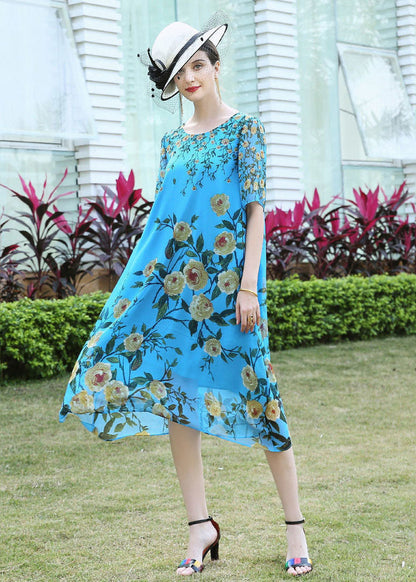 Blue O-neck Print Silk Vacation Dress Summer