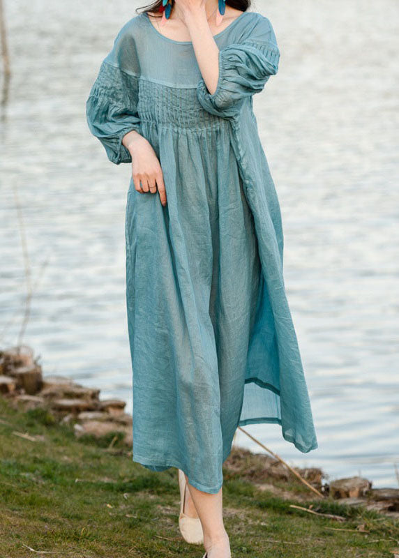 Blue O Neck Wrinkled Patchwork Linen Dresses Summer
