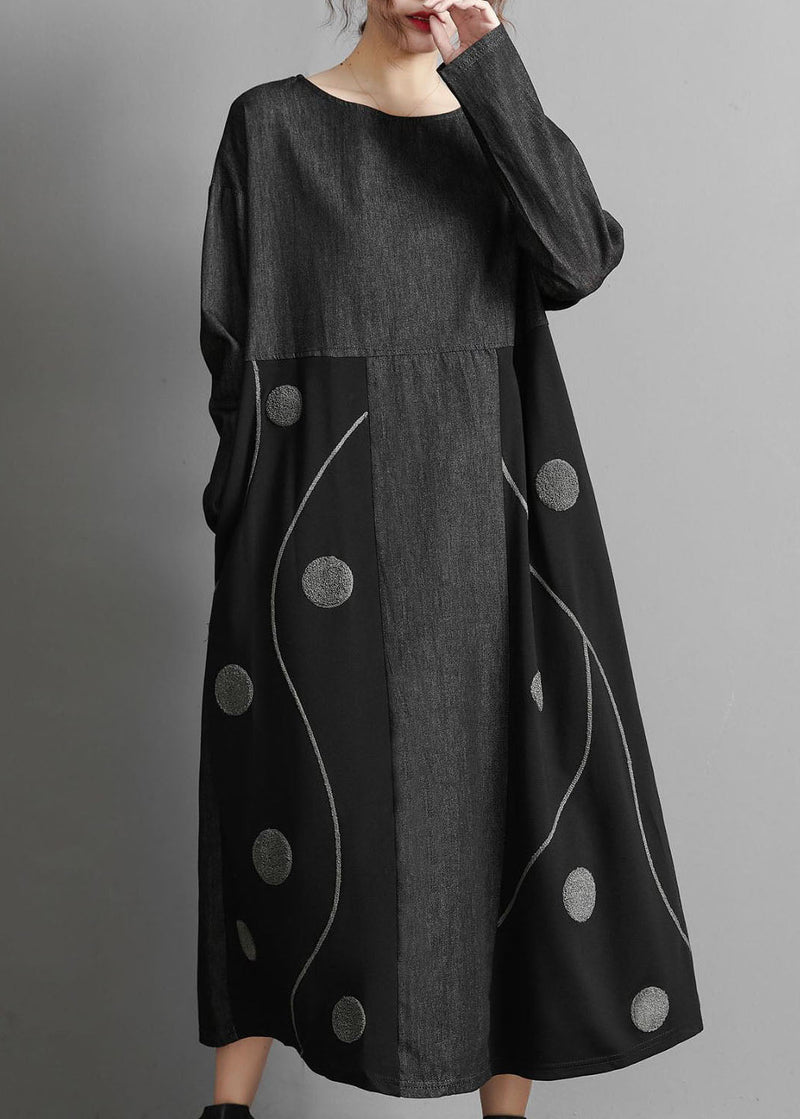Blue O-neck Denim Patchwork Dresses Spring