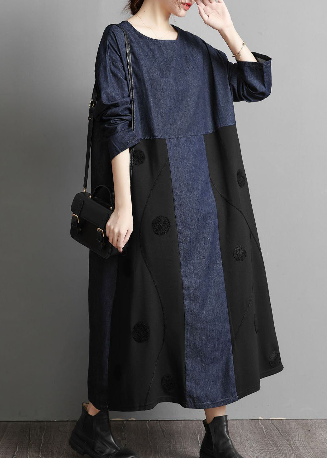 Blue O-neck Denim Patchwork Dresses Spring