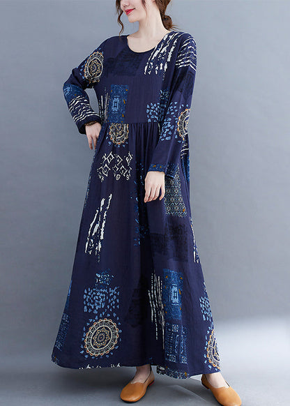 Blue O-neck Wrinkled Print Vacation Dresses Long Sleeve