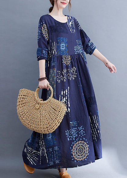 Blue O-neck Wrinkled Print Vacation Dresses Long Sleeve