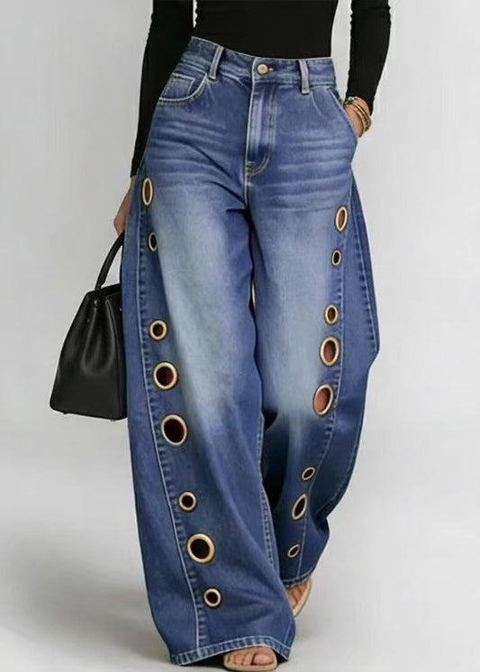 Blue Oversized Hollow Out Denim Wide Leg Pants Fall
