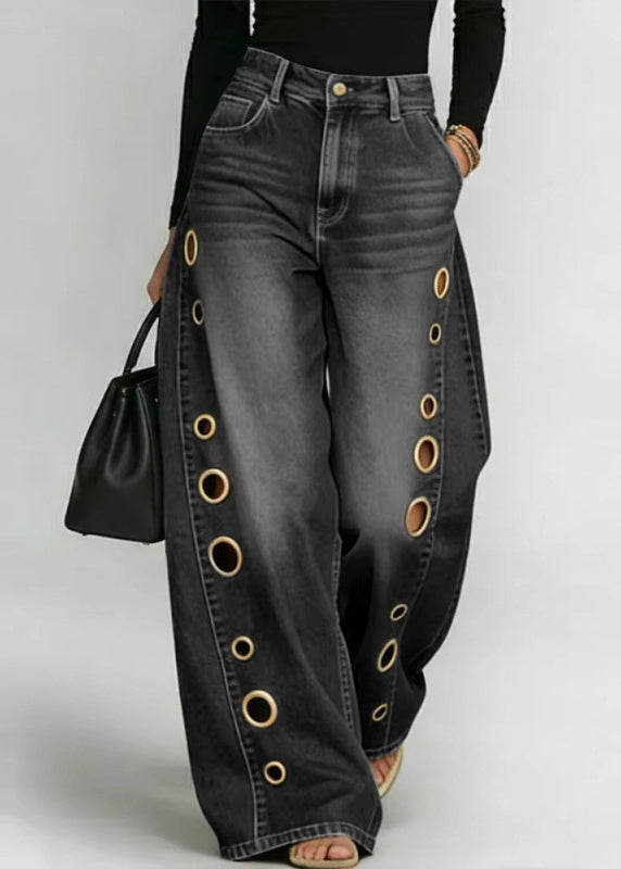 Blue Oversized Hollow Out Denim Wide Leg Pants Fall