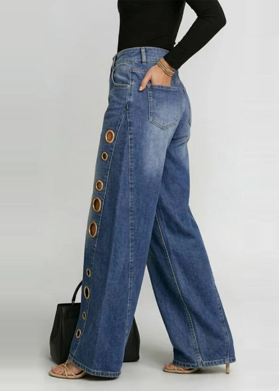 Blue Oversized Hollow Out Denim Wide Leg Pants Fall