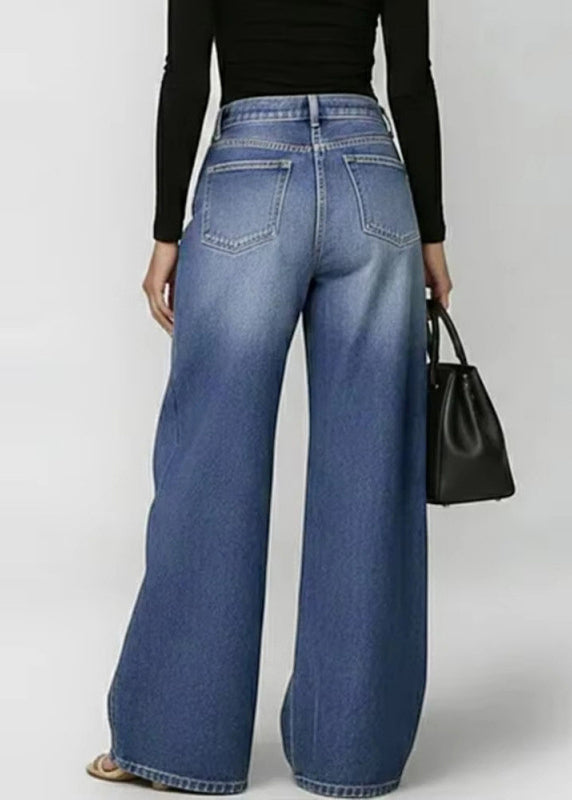 Blue Oversized Hollow Out Denim Wide Leg Pants Fall