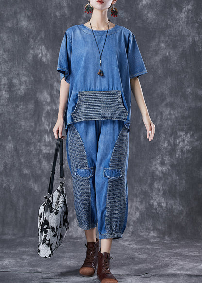 Blue Oversized Patchwork Pockets Denim Two Pieces Set Summer