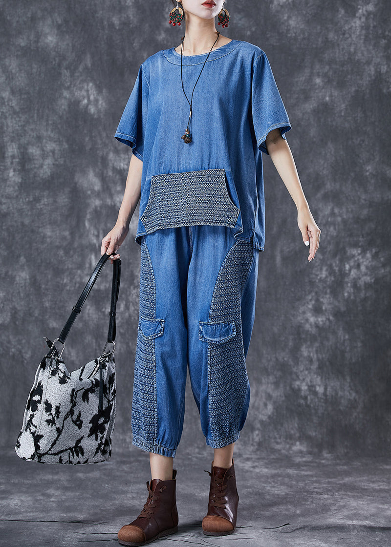 Blue Oversized Patchwork Pockets Denim Two Pieces Set Summer